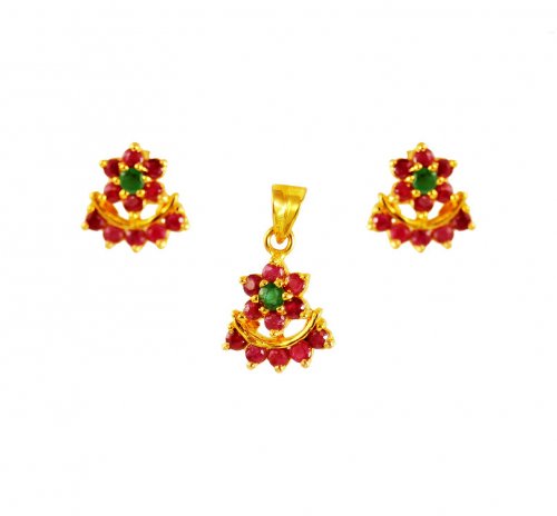 22k Gold Emerald Ruby Pendant Set 