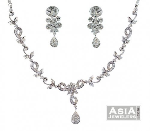 18K White Gold Diamond Necklace Set AjDi56405 US 13 674 18K White Gold Necklace Earrings set studded with high quality diamonds on it. Diamond details