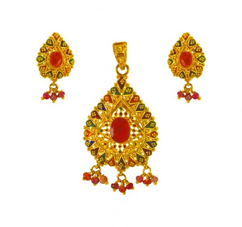 22Kt Gold Meenakari Pendant Set 