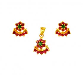 22k Gold Emerald Ruby Pendant Set ( Precious Stone Pendant Sets )