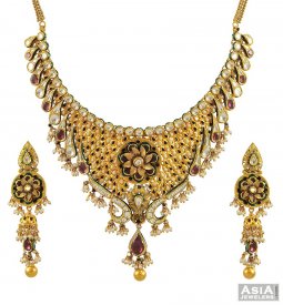 22k Exclusive Kundan Necklace Set ( 22K Antique Necklace Sets )
